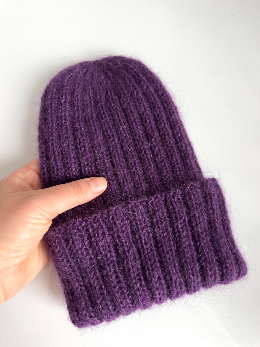 Ręcznie robiona Czapka wywijana MARGARET 100% Alpaka + nitka moher i jedwab 4400/16 Ciemnofioletowy