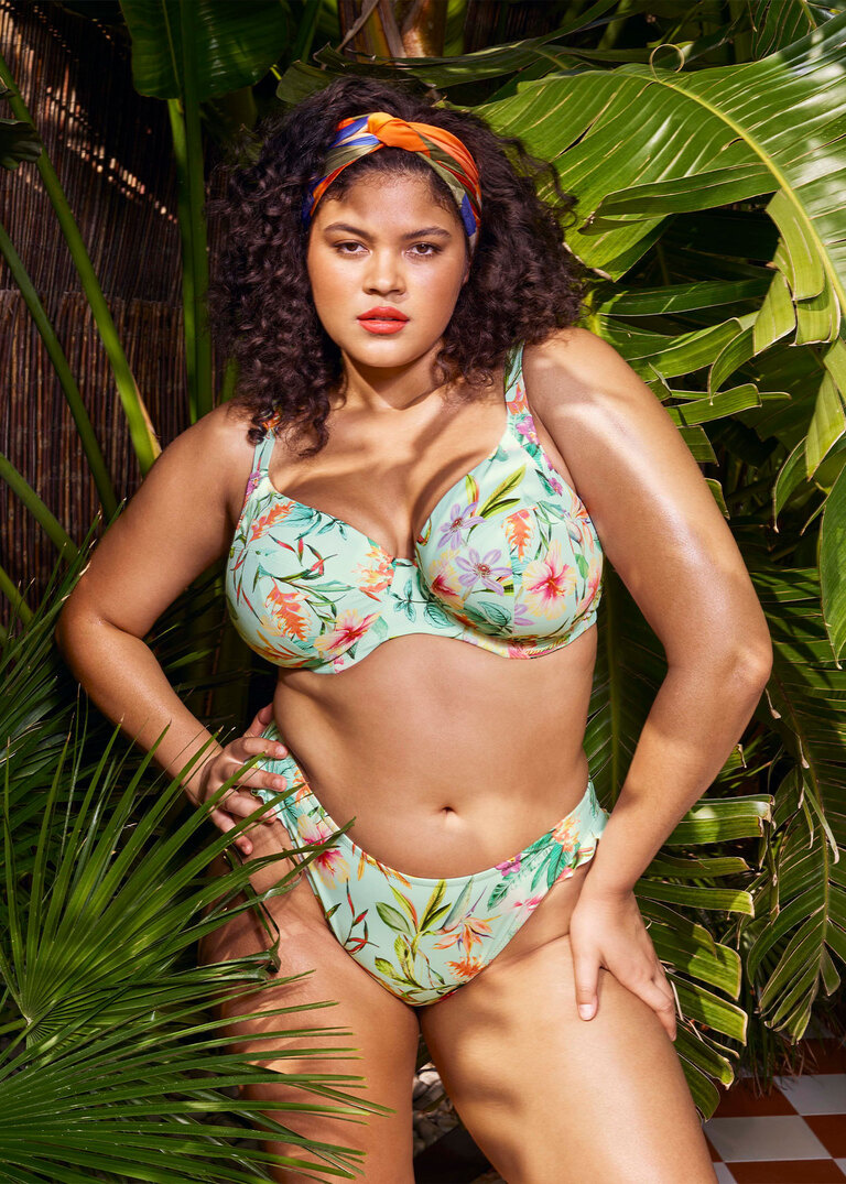 KOMPLET - Biustonosz kąpielowy i majtki Elomi Swim SUNSHINE COVE Aqua ES801802AQA Uw Plunge Bikini Top (36G, 36HH, 40J) + wybrane figi