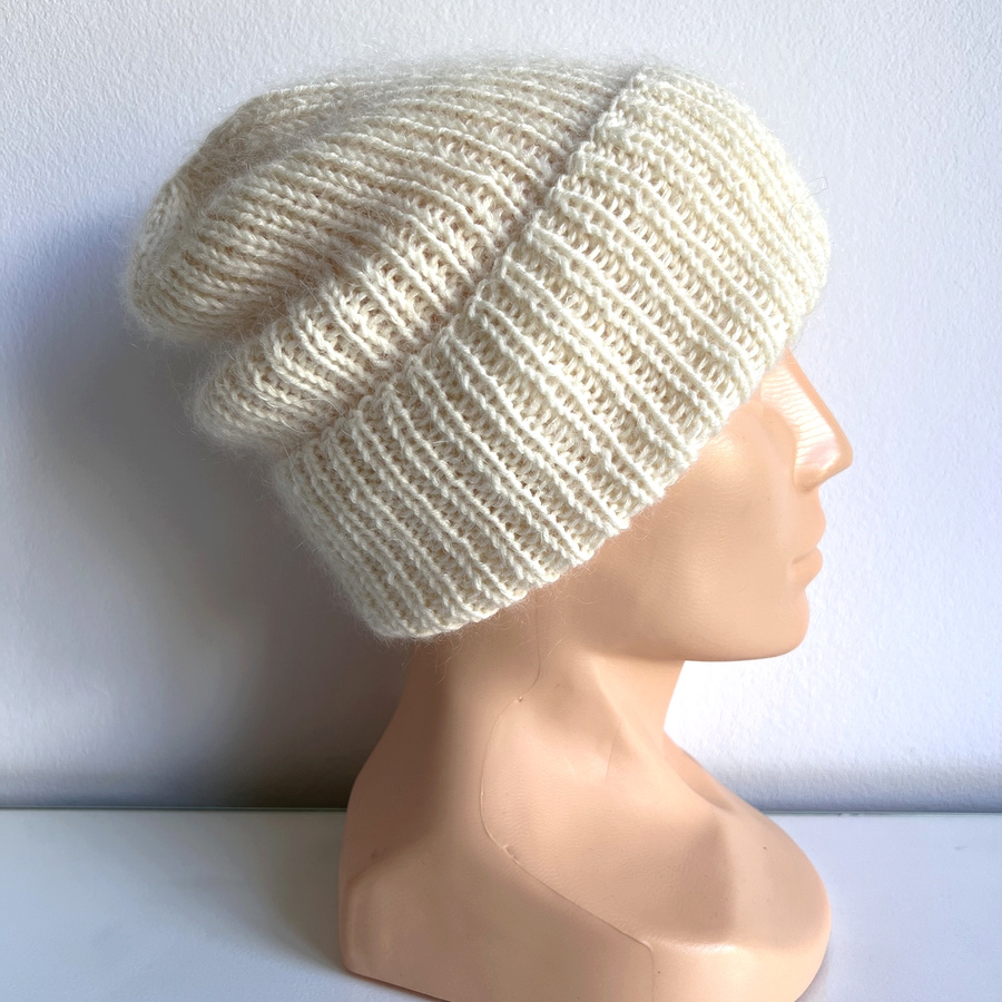 AUREA – ręcznie robiona czapka beanie baby merino + moher i jedwab dziecięca/damska 02/01 Ecru