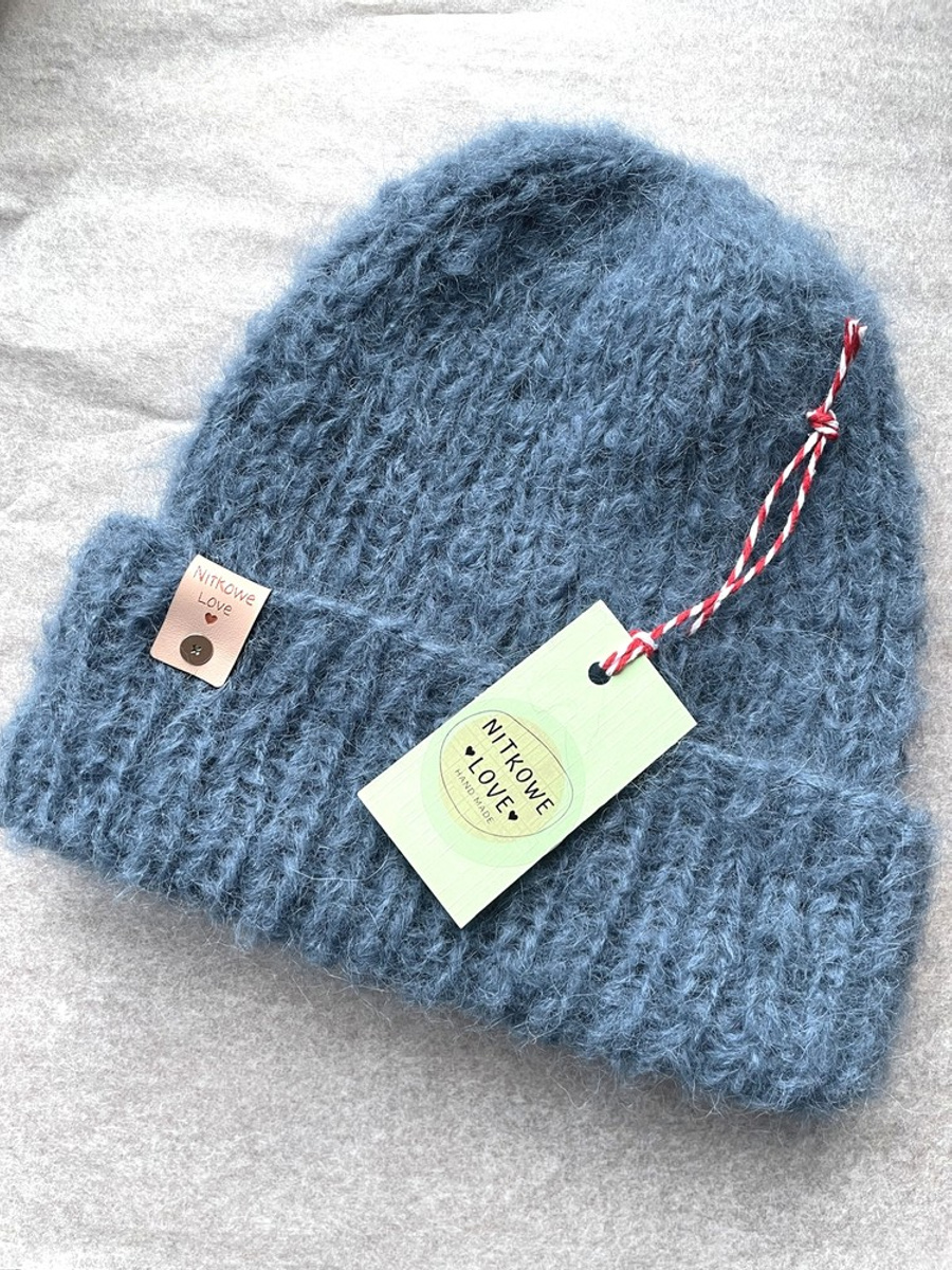 Ręcznie robiona czapka damska WATA CUKROWA Alpaka z Merynosem 07 Jeans