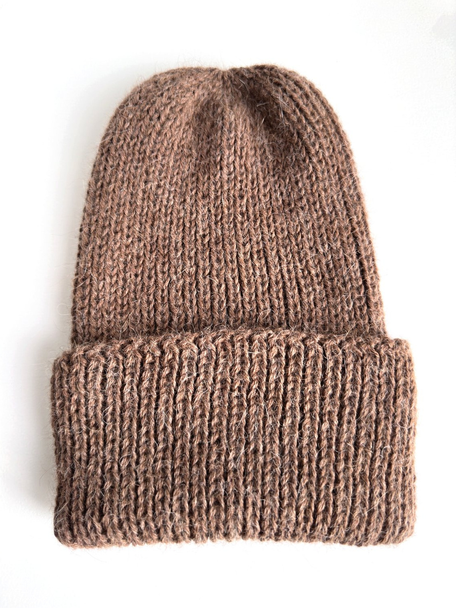 Czapka wywijana zrobiona ręcznie na drutach KIARA 100% Alpaka 607 Brąz