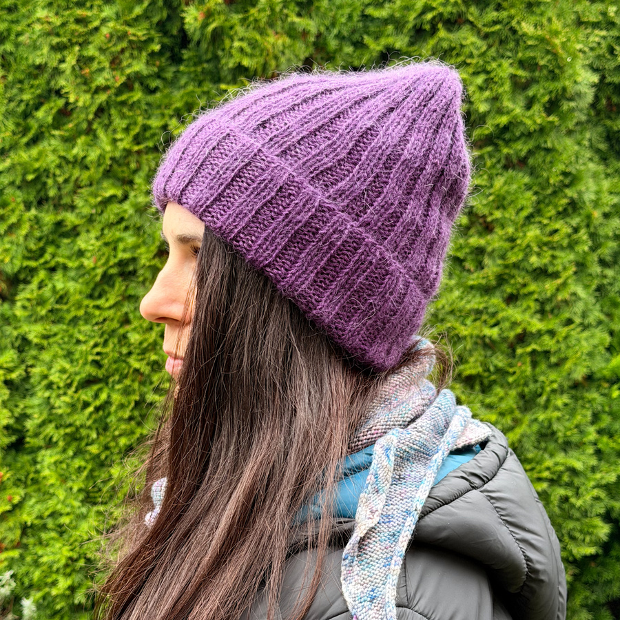 Ręcznie robiona Czapka wywijana MARGARET 100% Alpaka + nitka moher i jedwab 4400/16 Ciemnofioletowy