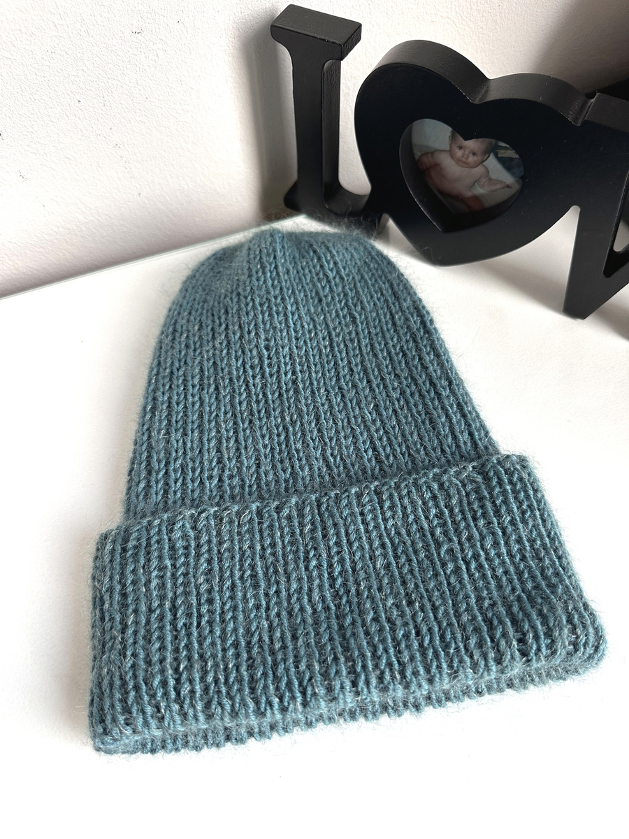 Ręcznie robiona czapka beanie AUREA 100% Baby Merino plus moher i jedwab 47/37 Morze Północne