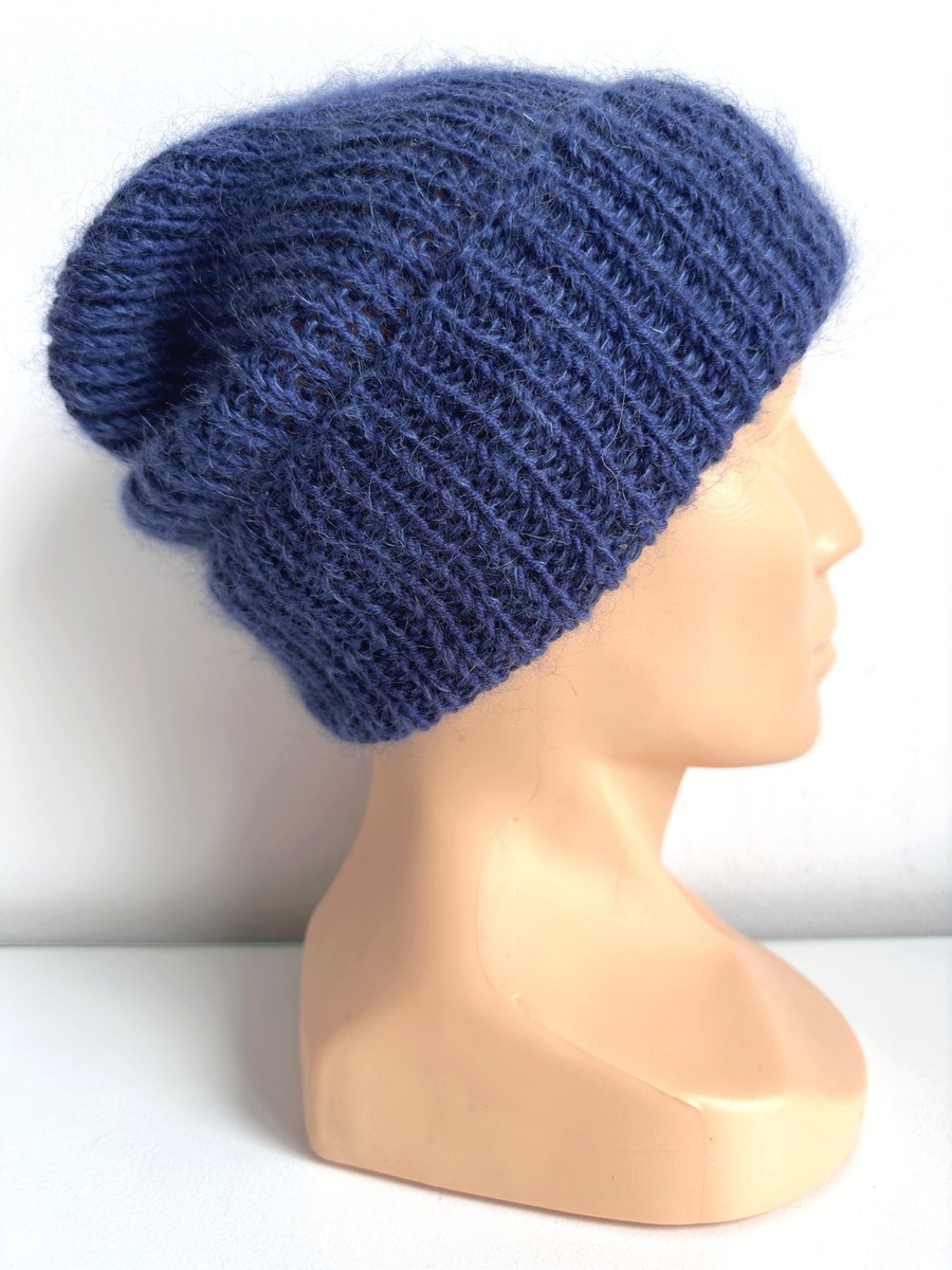 Ręcznie robiona czapka beanie AUREA 100% Baby Merino plus moher i jedwab 30/28 Niebieski