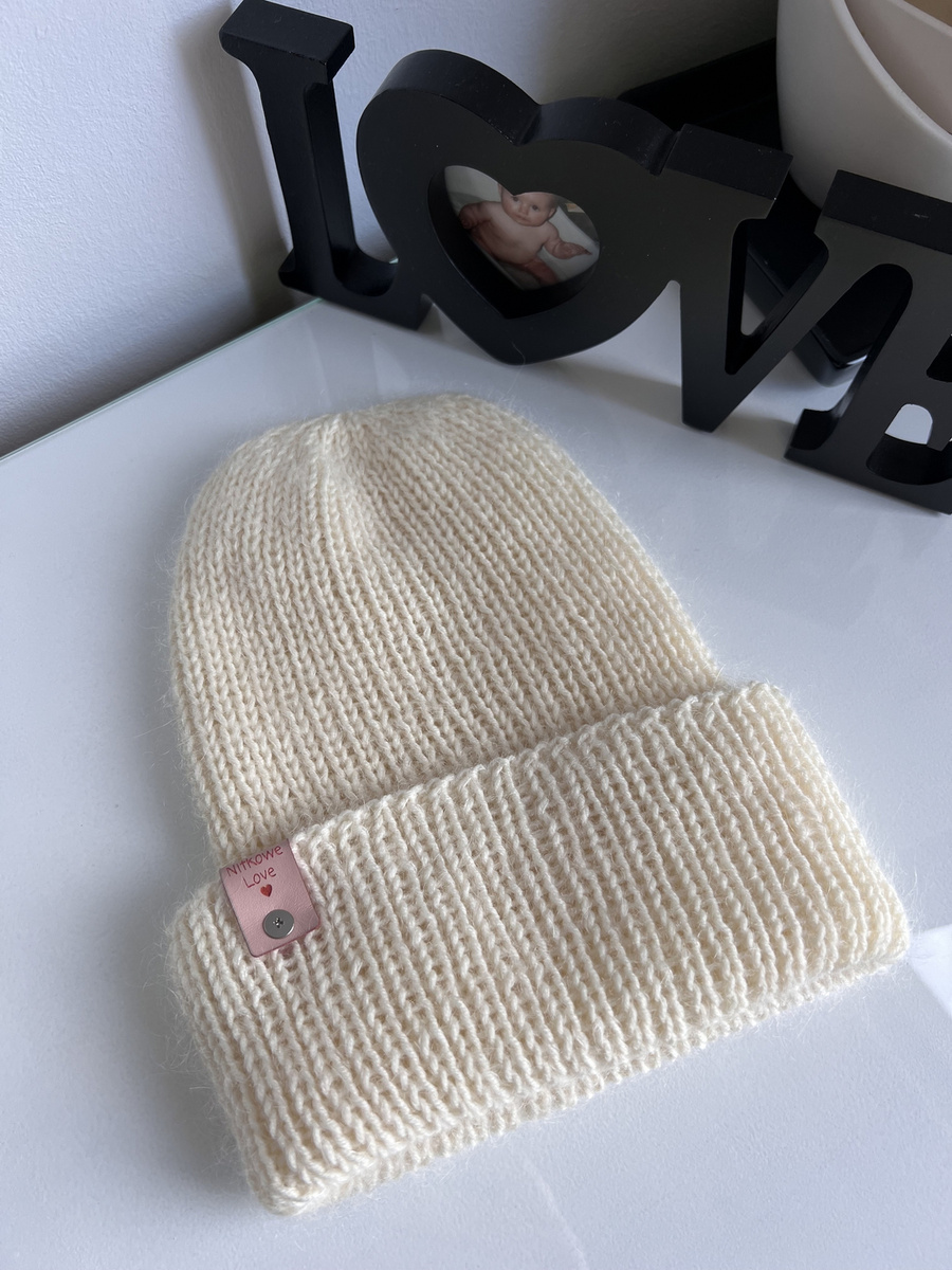 AUREA – ręcznie robiona czapka beanie baby merino + moher i jedwab dziecięca/damska 02/01 Ecru