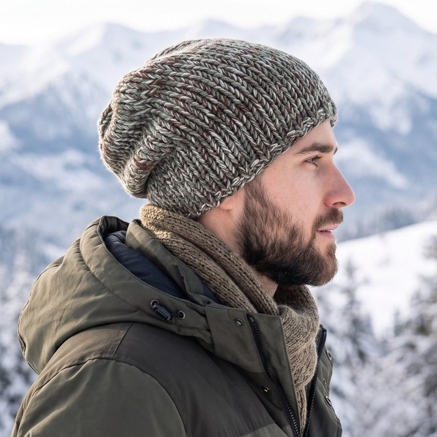 Nitkowe Love – czapka smerfetka z baby merino 100% odcienie zieleni i beżu zimowa unisex