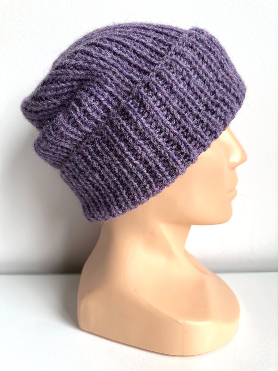 Czapka wywijana zrobiona ręcznie na drutach KIARA 100% Alpaka 4434 Ametyst