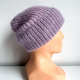 AUREA – ręcznie robiona czapka beanie baby merino + moher i jedwab damska/dziecięca 60/55 Lawendowy Szron