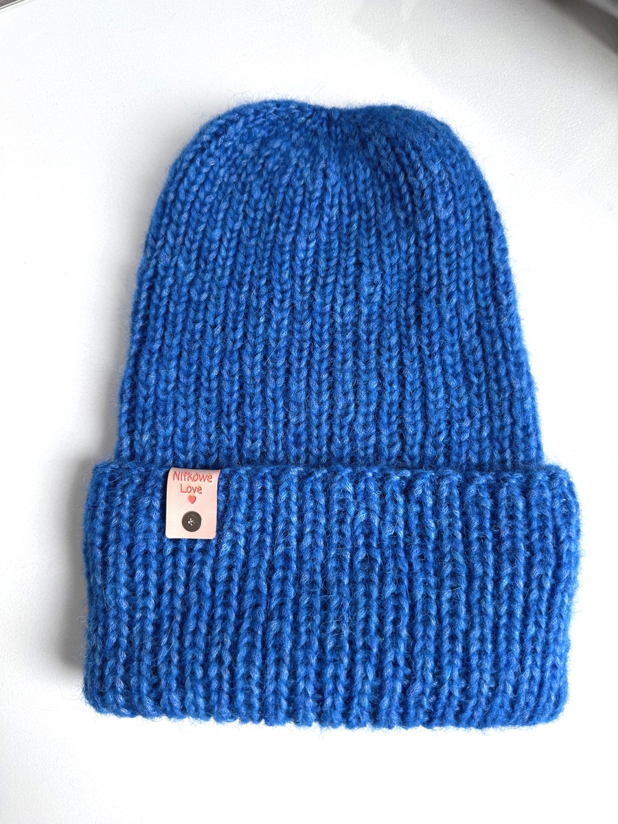 Ciepła czapka ręcznie robiona wywijana CHMURKA Alpaka 37 Bluebird