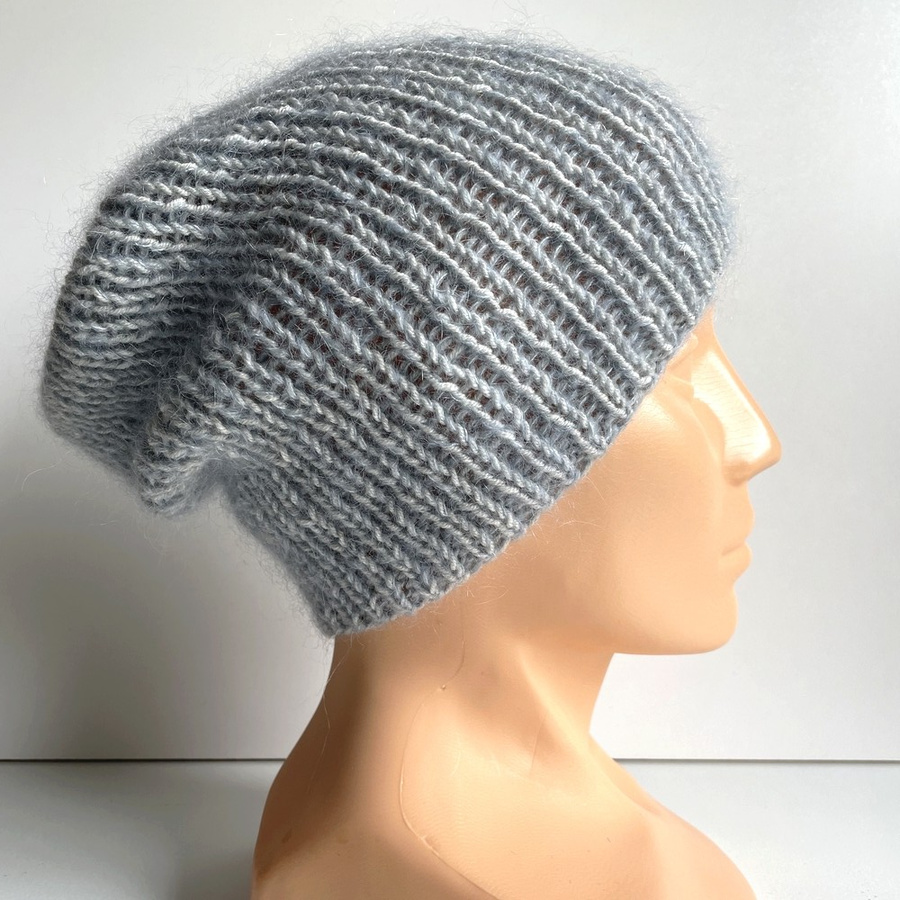 Handmade women's hat AUREA 100% baby merino plus mohair and silk 22/06 grey blue