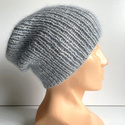 Handgemachte Damenmütze AUREA 100% Baby Merino plus Mohair und Seide 22/06 Grau Hellblau