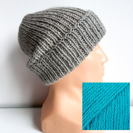 Czapka wywijana zrobiona ręcznie na drutach KIARA 100% Alpaka 2918 niebiesko-turkusowy ciemny