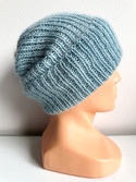 Ręcznie robiona czapka beanie AUREA 100% Baby Merino plus moher i jedwab 43/08 Jasny Morski