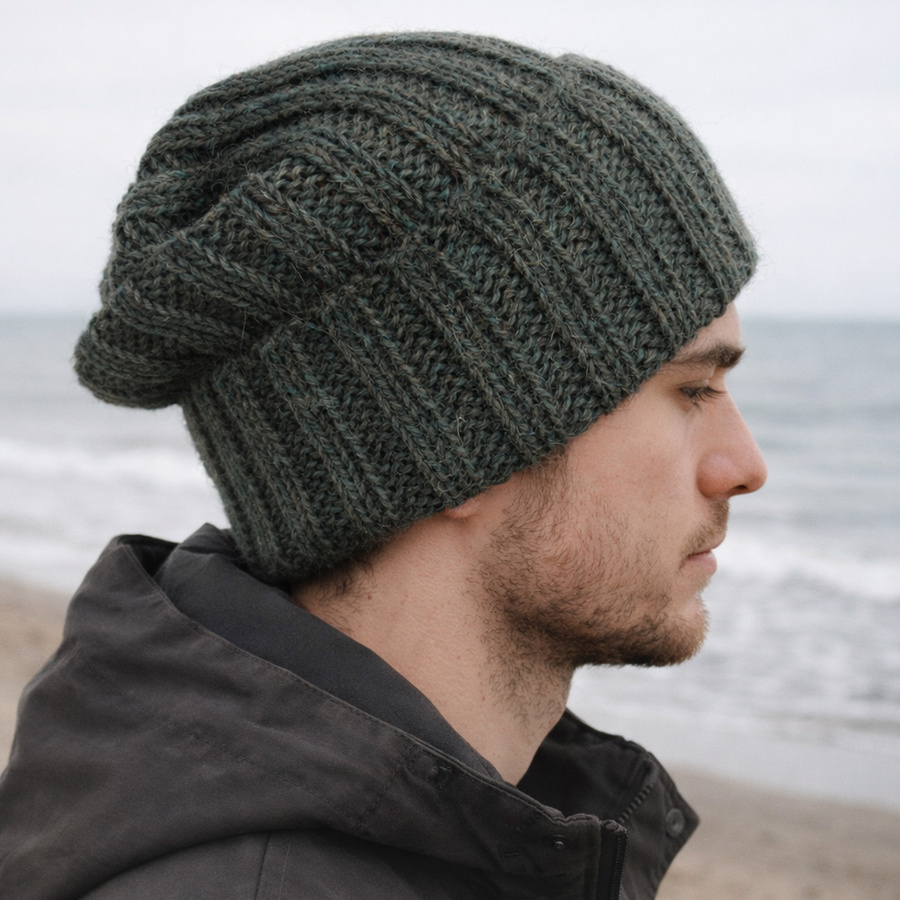 Czapka wywijana zrobiona ręcznie LAURIN 100% Alpaka 7815 Leśny mix