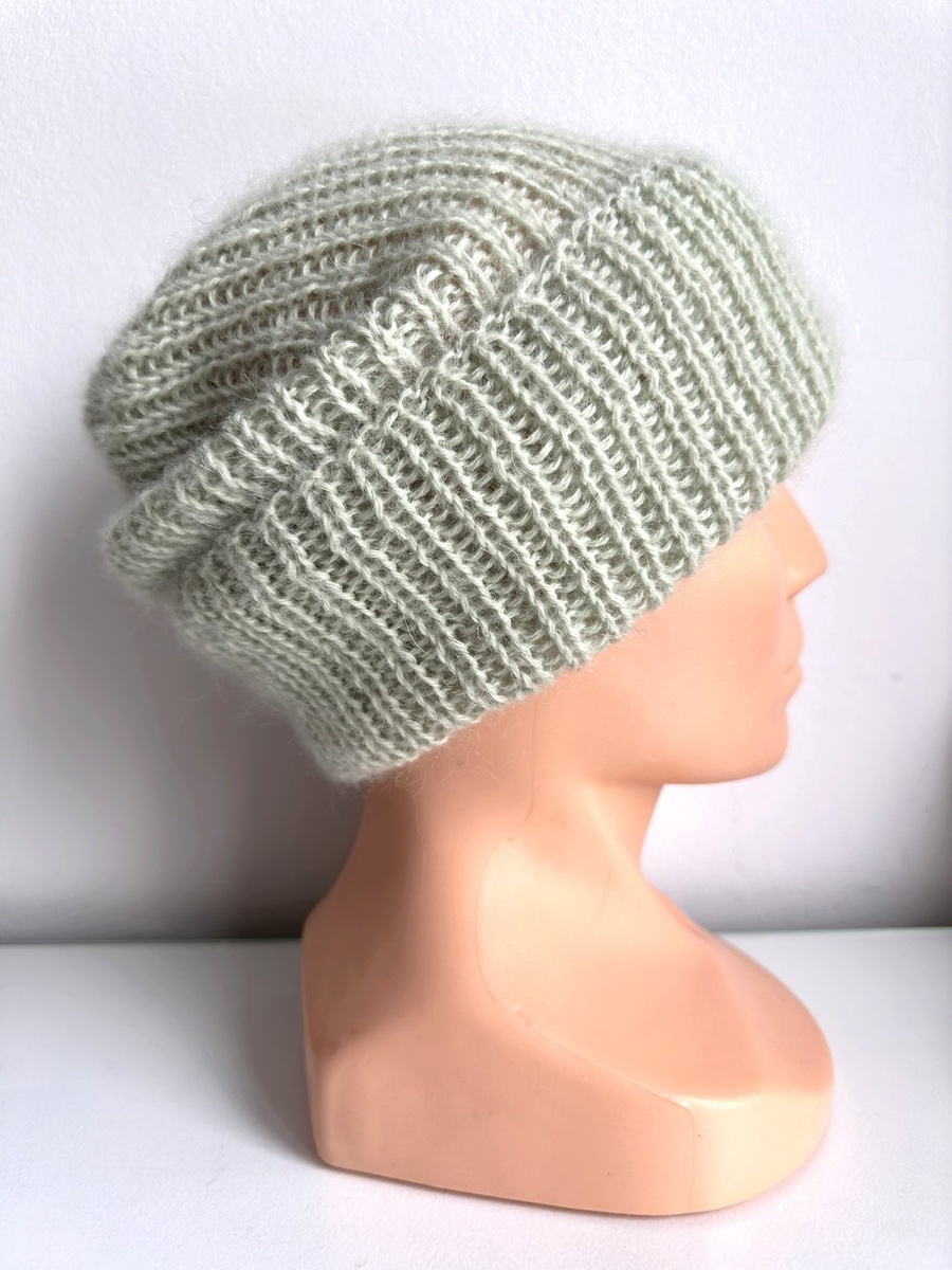 Ręcznie robiona Czapka wywijana MARI 100% Alpaka + nitka moher i jedwab 9030/47 Lody Pistacjowe