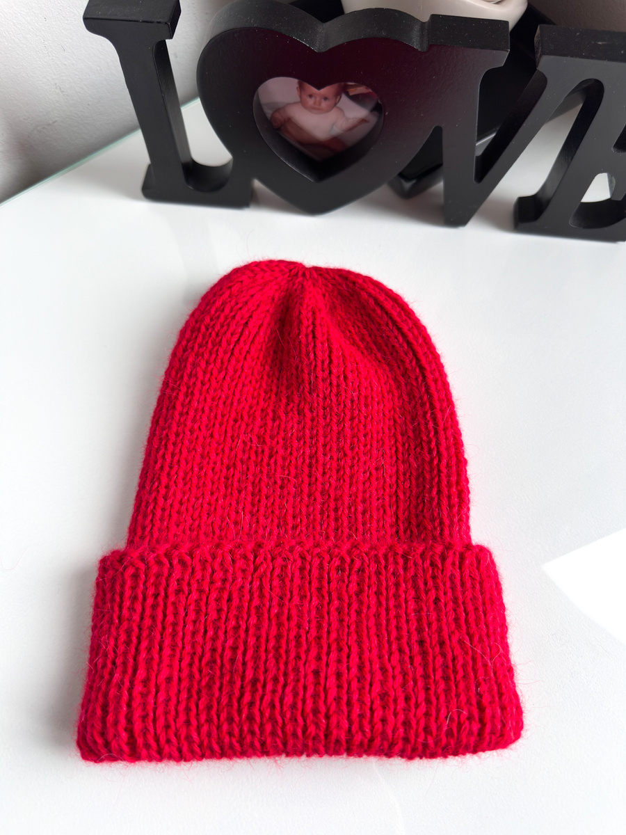 Czapka wywijana zrobiona ręcznie na drutach KIARA 100% Alpaka 3620 Czerwony