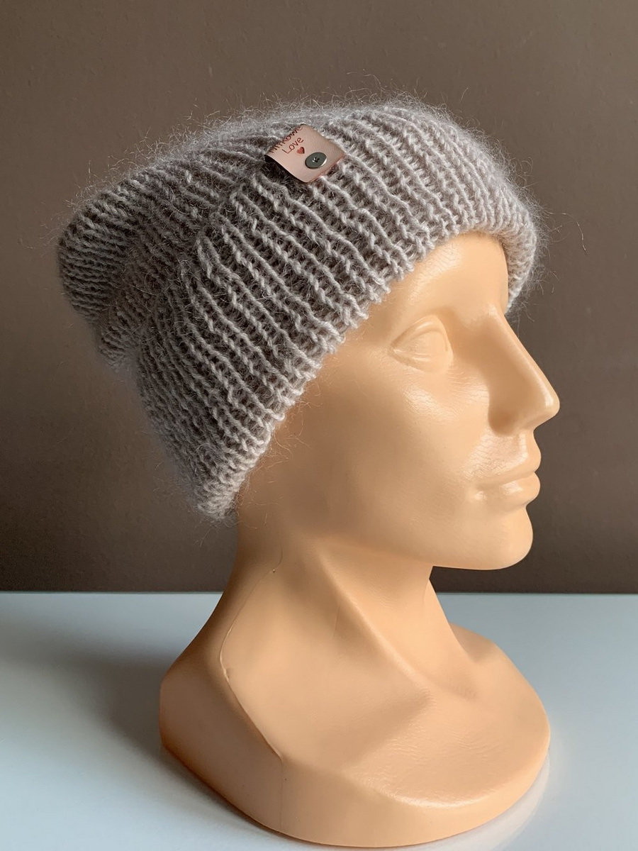 AUREA – ręcznie robiona ciepła czapka beanie z baby merino + moher i jedwab dziecięca/damska 23/20 Jasny Beż