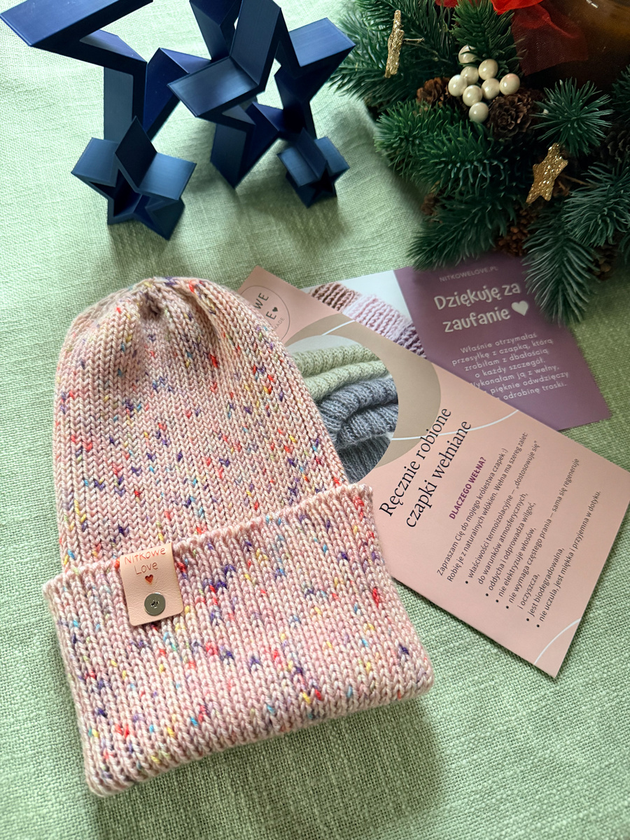 VARELLA – czapka merino beanie wywijana 100% baby merino 103 Urodzinowe Confetti różowa