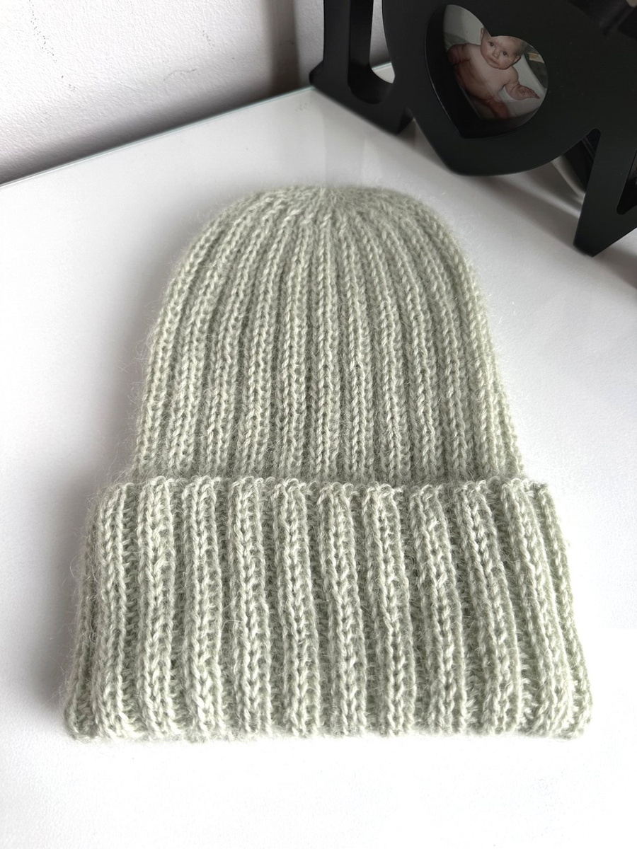 Ręcznie robiona Czapka wywijana MARGARET 100% Alpaka + nitka moher i jedwab 9030/47 Lody Pistacjowe