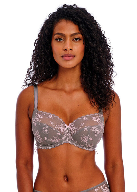 KOMPLET - Biustonosz Freya OFFBEAT DECADENCE AA402501GIN Uw Side Support Bra Grey / Pink + brazyliany (34DD + L)