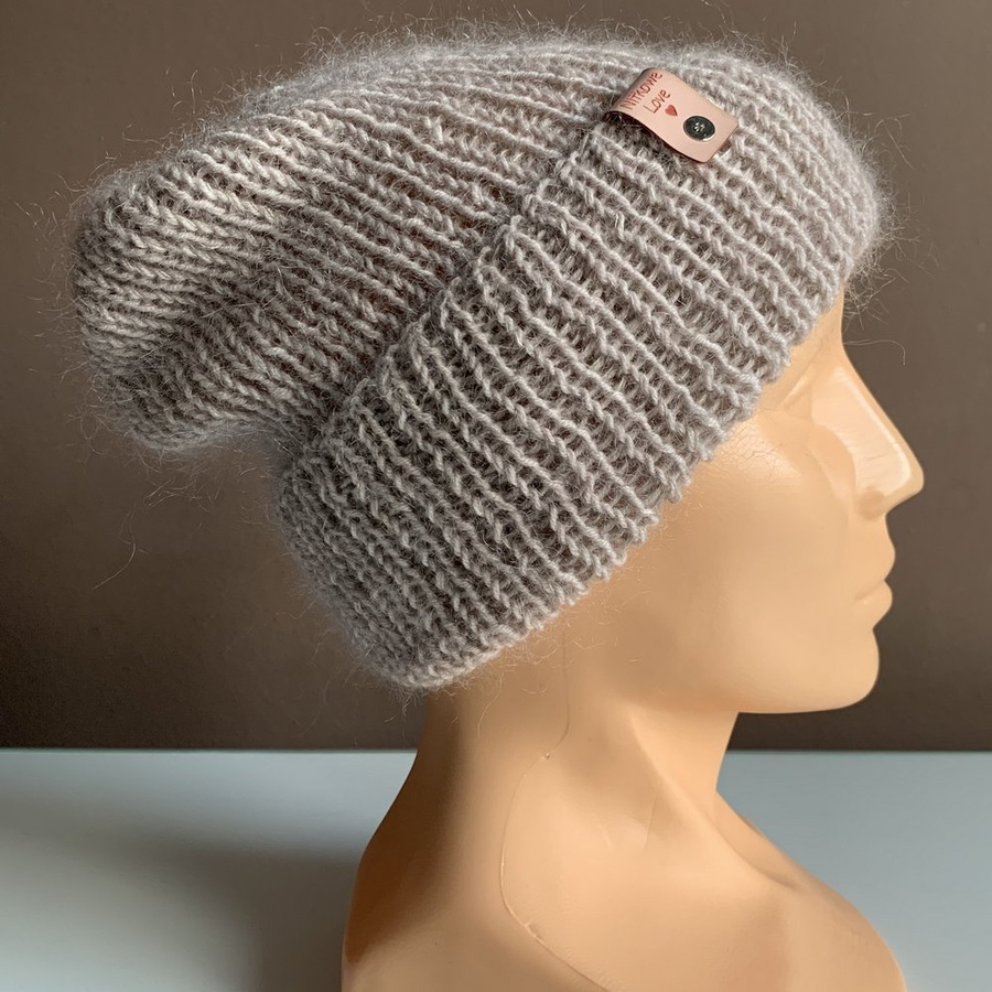 AUREA – ręcznie robiona ciepła czapka beanie z baby merino + moher i jedwab dziecięca/damska 23/20 Jasny Beż