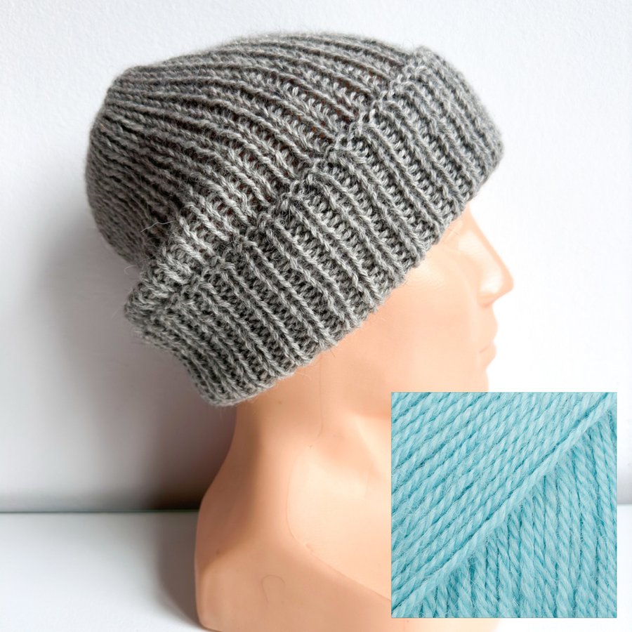 Czapka wywijana zrobiona ręcznie na drutach KIARA 100% Alpaka 2917 turkusowy