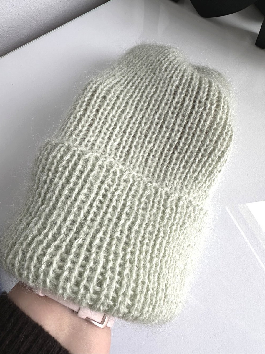 Ręcznie robiona Czapka wywijana MARI 100% Alpaka + nitka moher i jedwab 9030/47 Lody Pistacjowe