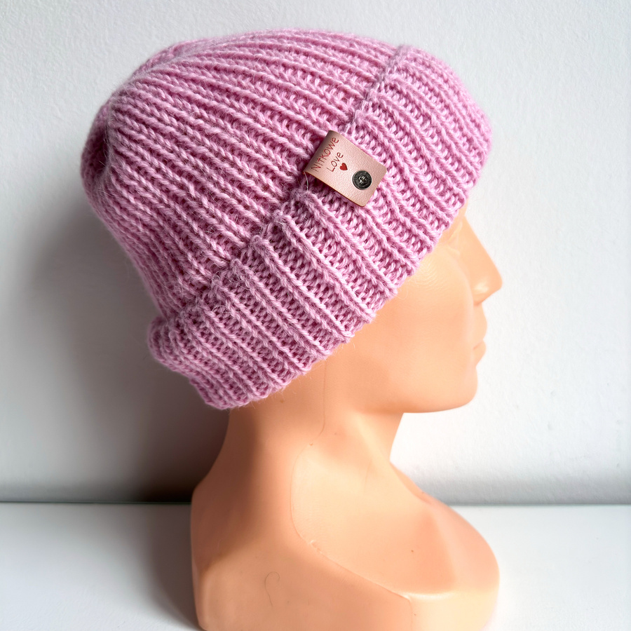 Czapka wywijana zrobiona ręcznie na drutach KIARA 100% Alpaka 3140 Jasny Róż