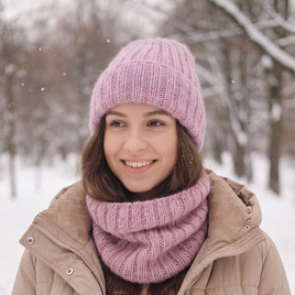 MARGARET Handgemachte Mütze mit Umschlag Alpaka Mohair und Seide 3112/36 Rosa mit einem Hauch Beige